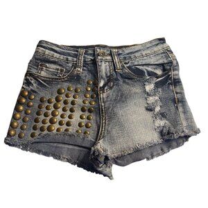 Lovesick Studded Womens Distressed Denim Shorts Frayed Hem Ripped Details SZ 3